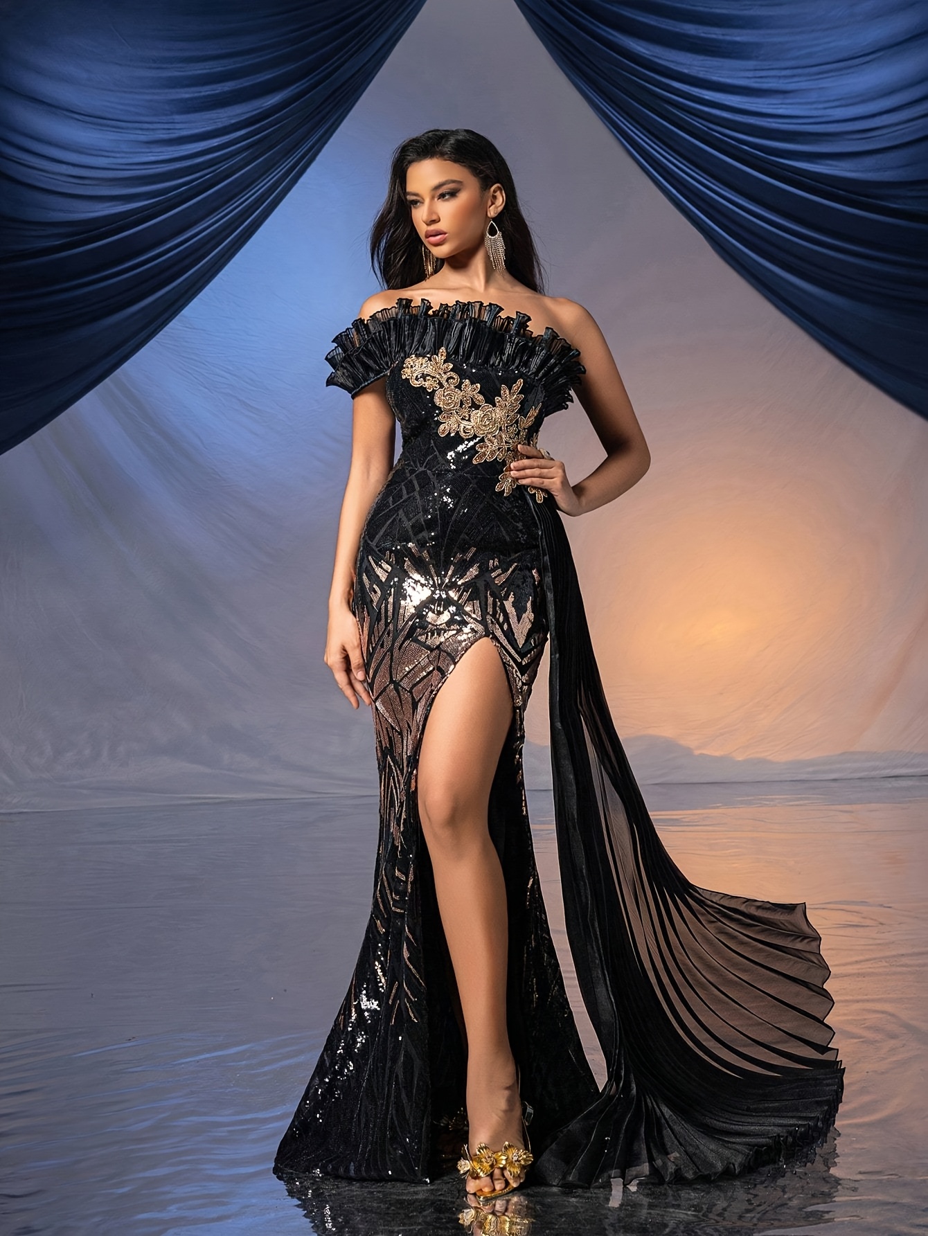black mesh mermaid dress Glamrae Elegant Black Sequined Lace Mesh Mermaid Dress With  Rhinestones,Halter Off-The-Shoulder Sleeves,Pleats & Train For Formal  Evening Wedding Guest Party