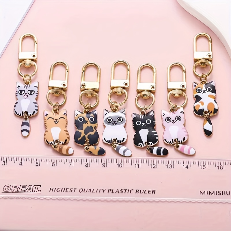 TEMU Cartoon Cat Keychain Set Of 7, Alloy Metal Cat Key Rings, Assorted Cute Animal Charms, Carabiner Clip For Decoration, Perfect For Cat Lovers, Ideal Gift For Birthday Celebrations