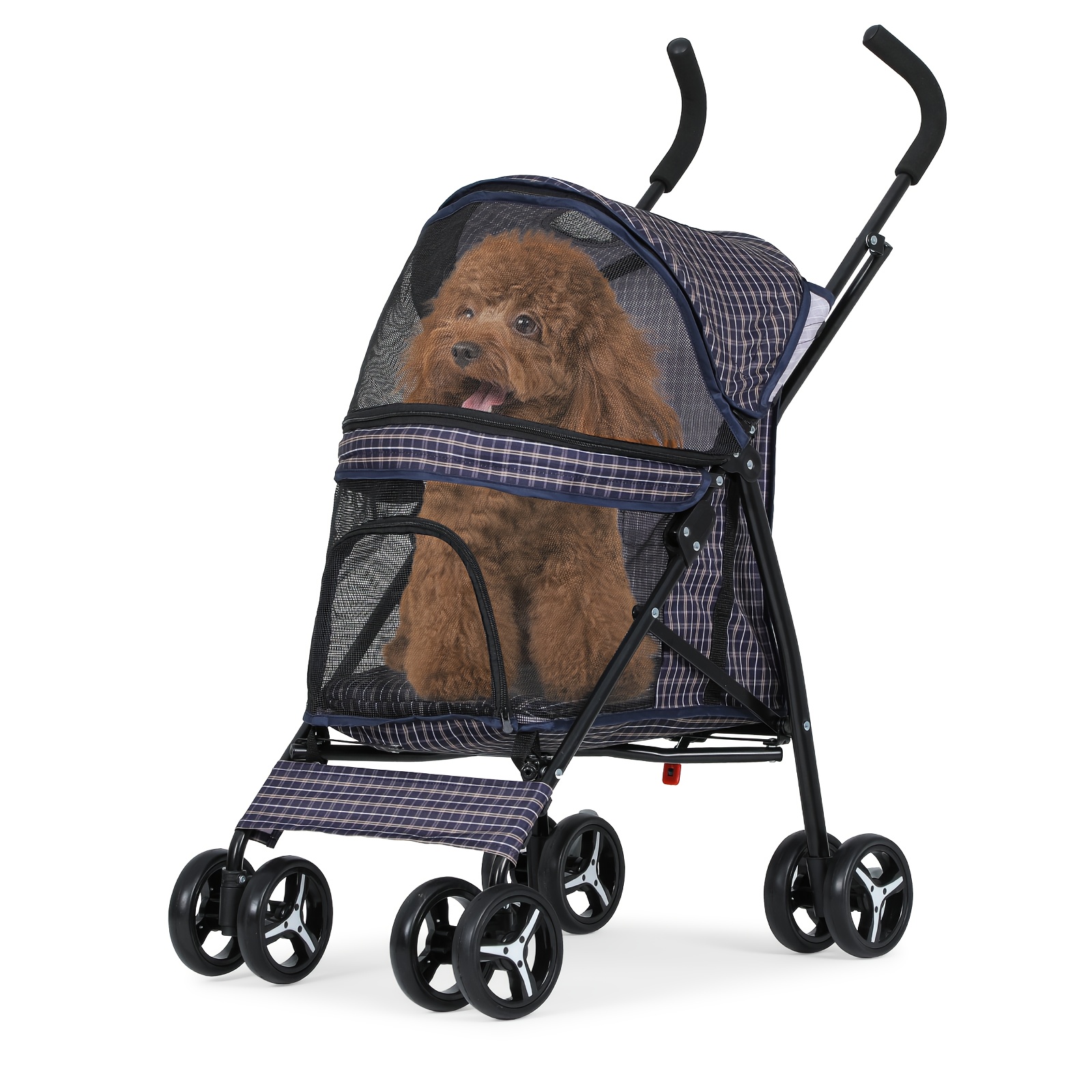 lightweight 4-wheel foldable pet stroller for - breathable mesh, clear visibility, purple polka , supports pets up to 22 lbs, alloy , dog stroller, - pet supplies