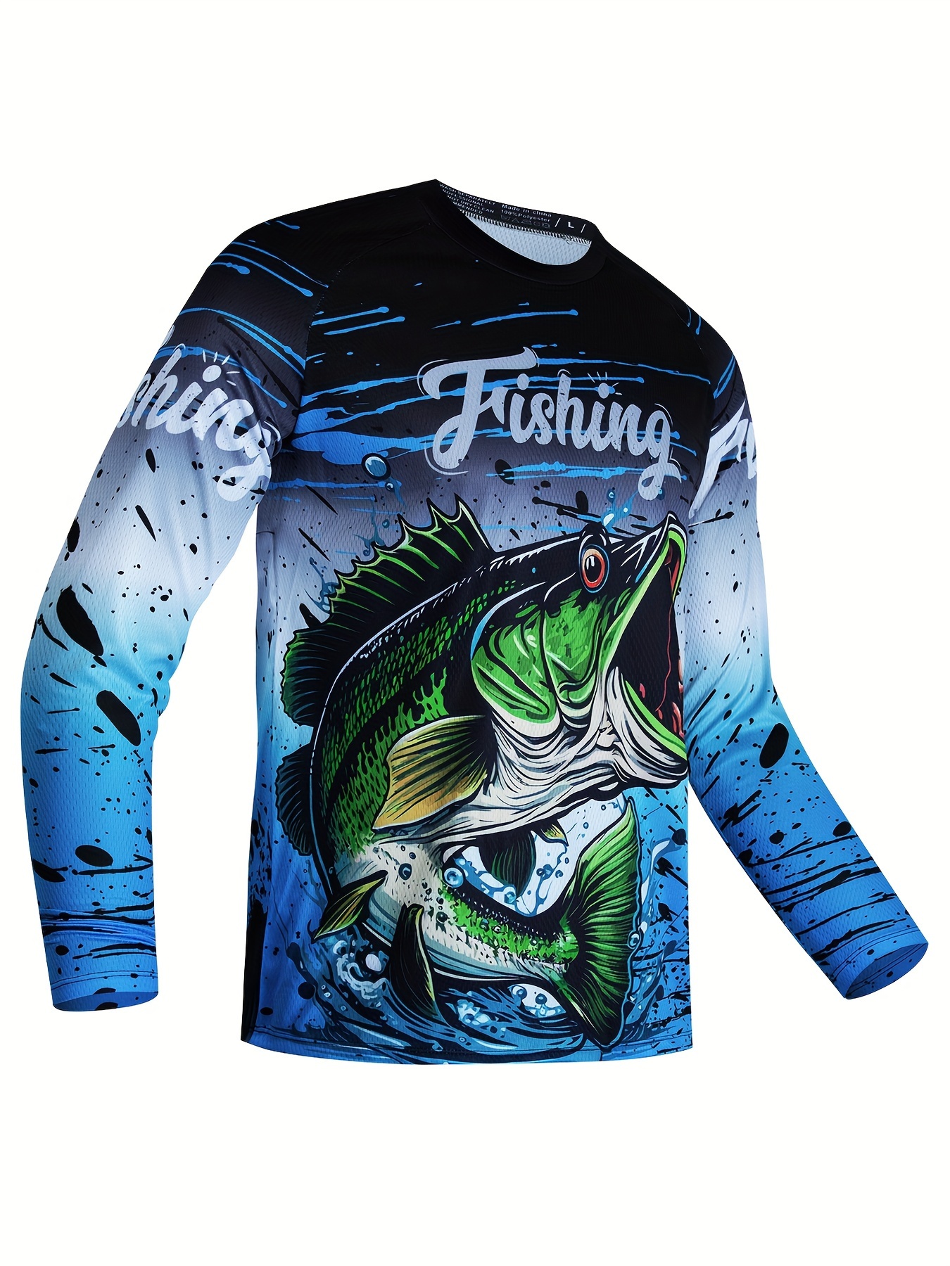 Fish Anime and Letter Digital Print, Men's Long Sleeve Lightweight and Breathable Round Neck Sports T-Shirt, Outdoor Fishing,Temu