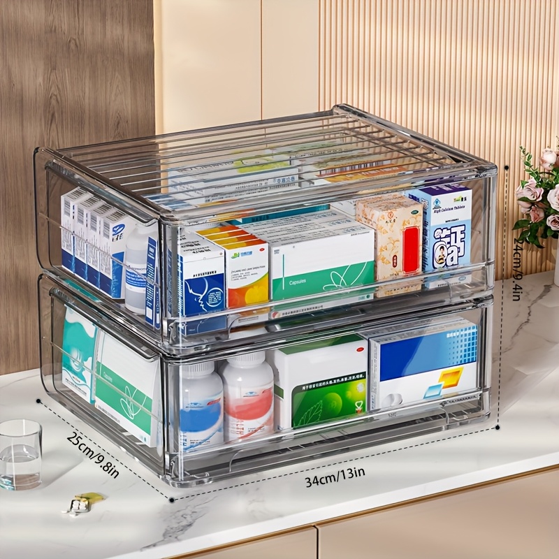 2pcs Clear Stackable Storage Drawer, Transparent Medicine Organizer With , See-through Pill Box For Bathroom, Toiletries, Vanity, Desk And