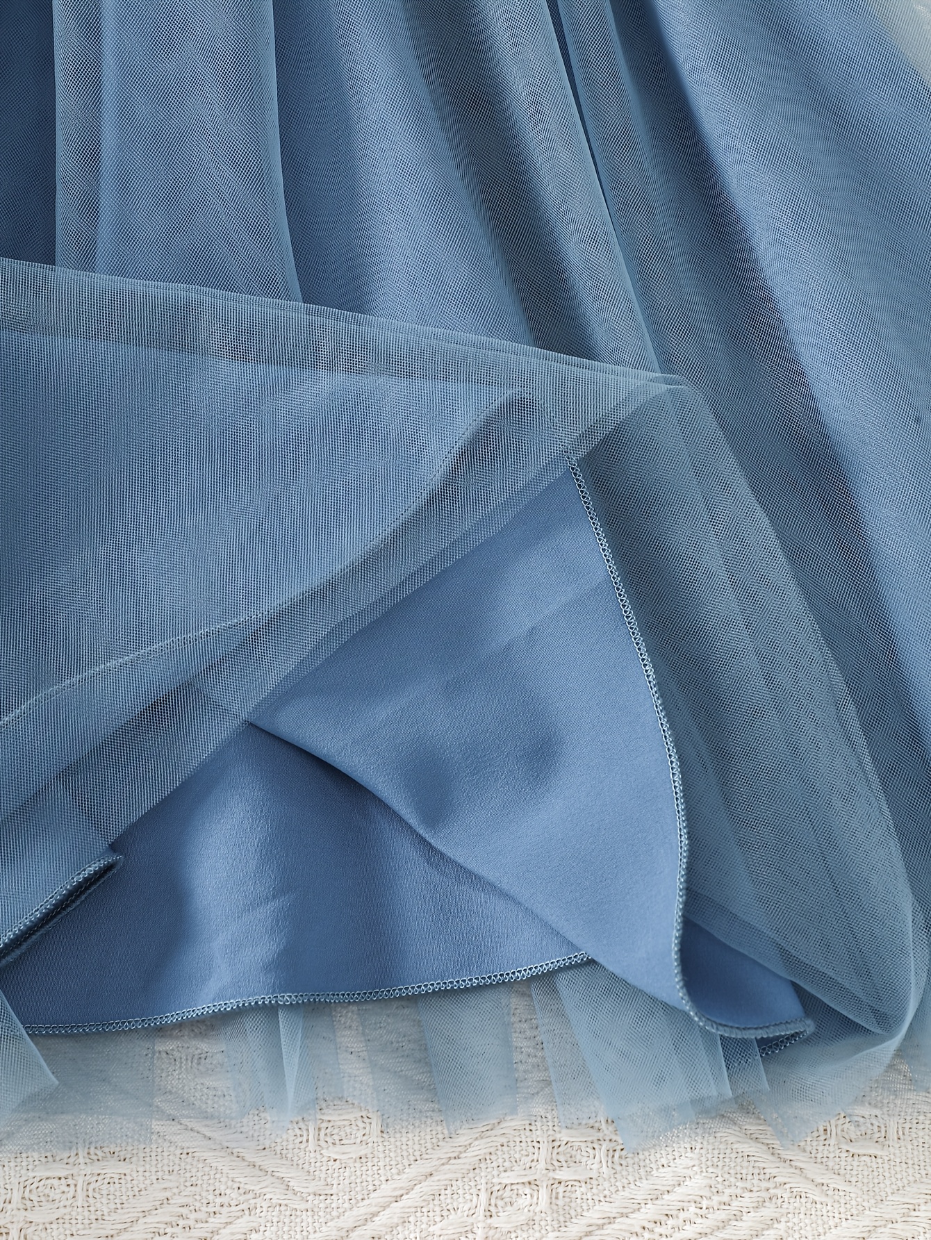 Girls' Blue White Tulle A-Line Dress with Bow Detail