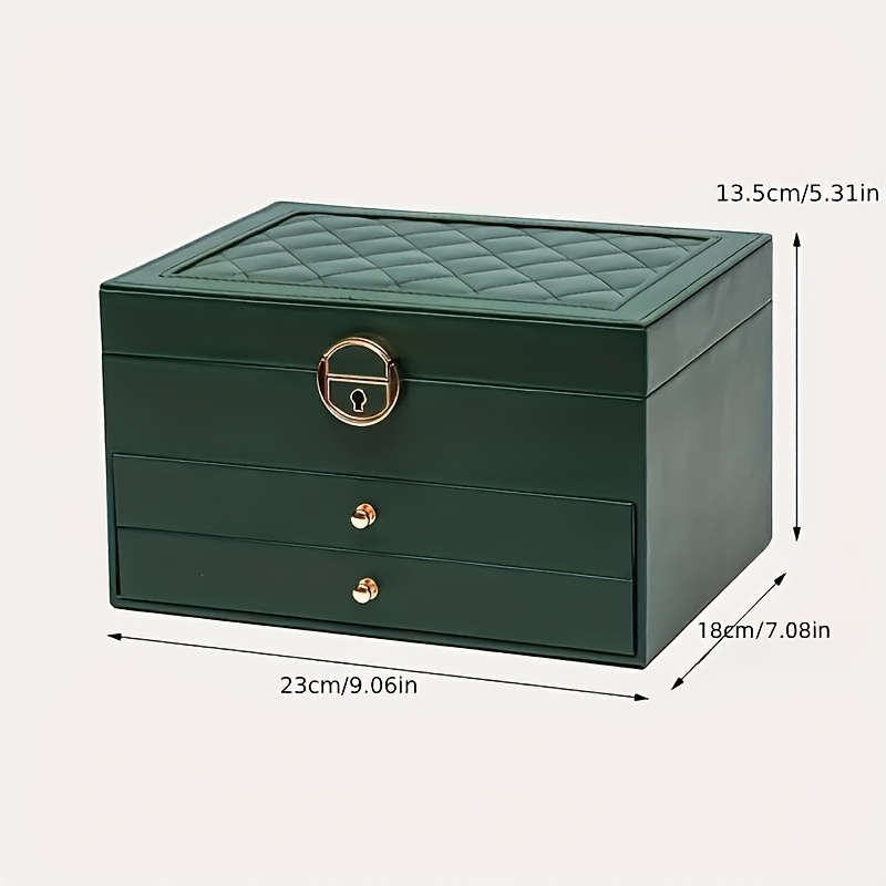3 tier jewelry box organizer with key lock elegant green   lined compartments secure locking lid for earrings rings necklaces bracelets perfect gift for women home   decor durable synthetic   leather construction large jewelry box keepsake holder sophisticated design   leather   jewelry boxes Product details 3