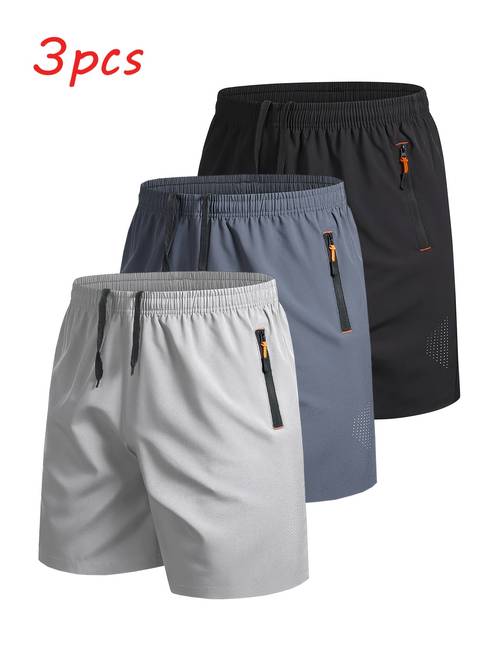3 pezzi pantaloncini sportivi , tasche con cerniera monocolore per traspiranti e asciugatura rapida
