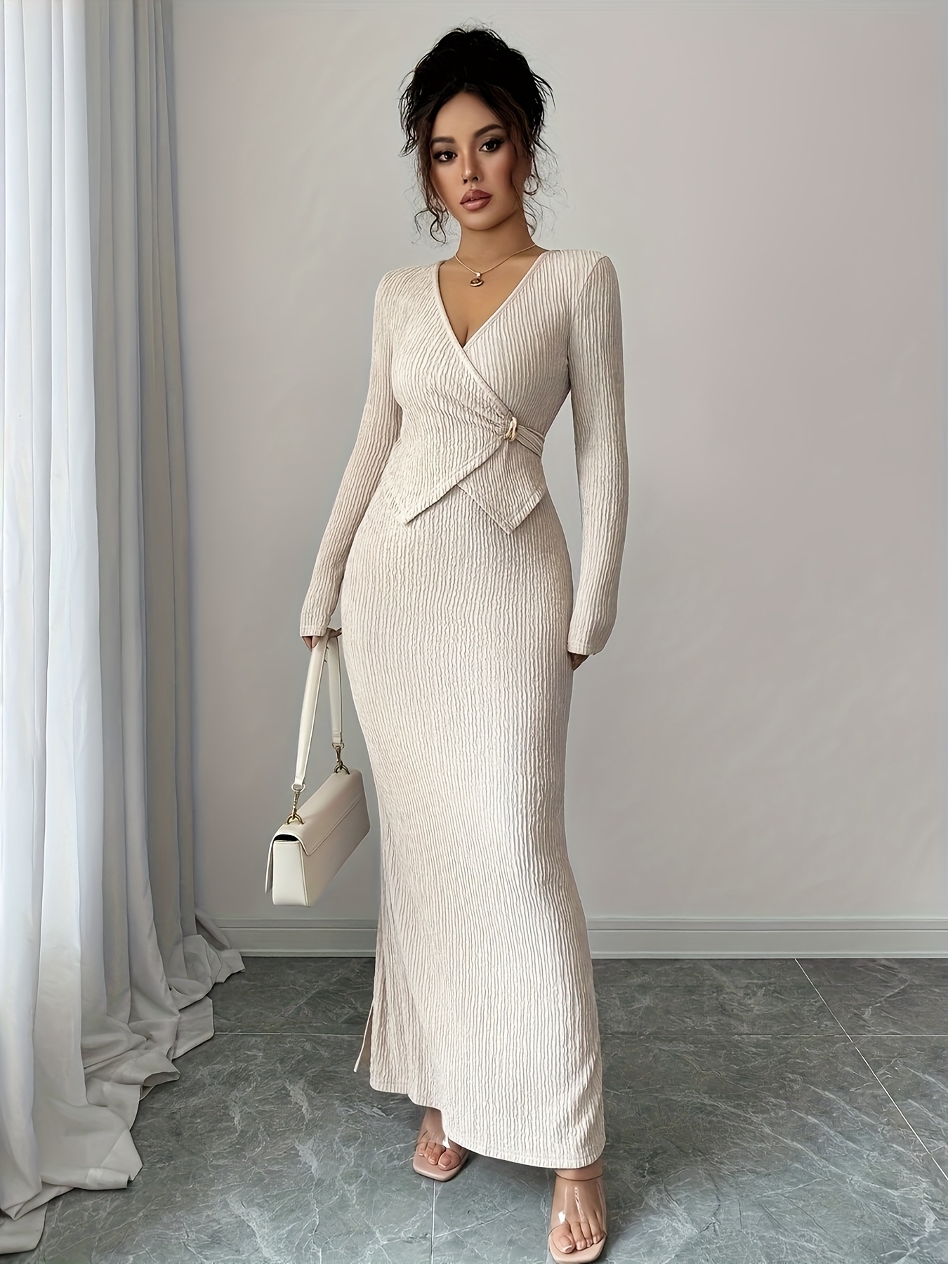 chinese dress ladies Long Sleeve Beaded Prom Dresses Peach Square Neck 67394 viniodress –  Viniodress main image 1