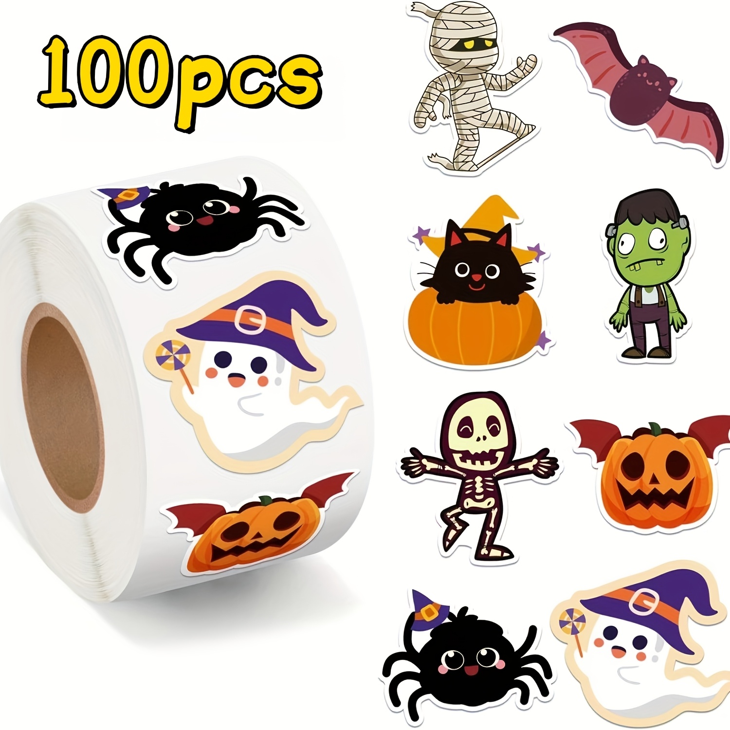 TEMU Confezione da 100 adesivi irregolari a doodle per Halloween, motivi irregolari da 1 pollice, 8 a cartone animato, adesivi per ufficio, articoli