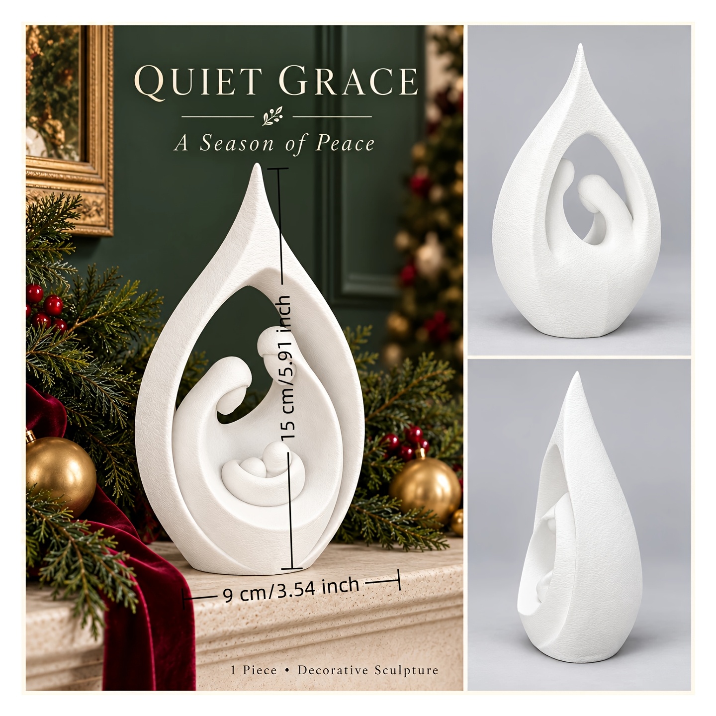 TEMU 1pc Quiet Grace Holy Family Sculpture, White Matte Textured Nativity Figurine With Open Teardrop Frame, Christmas Mantel, Entryway And Bookshelf