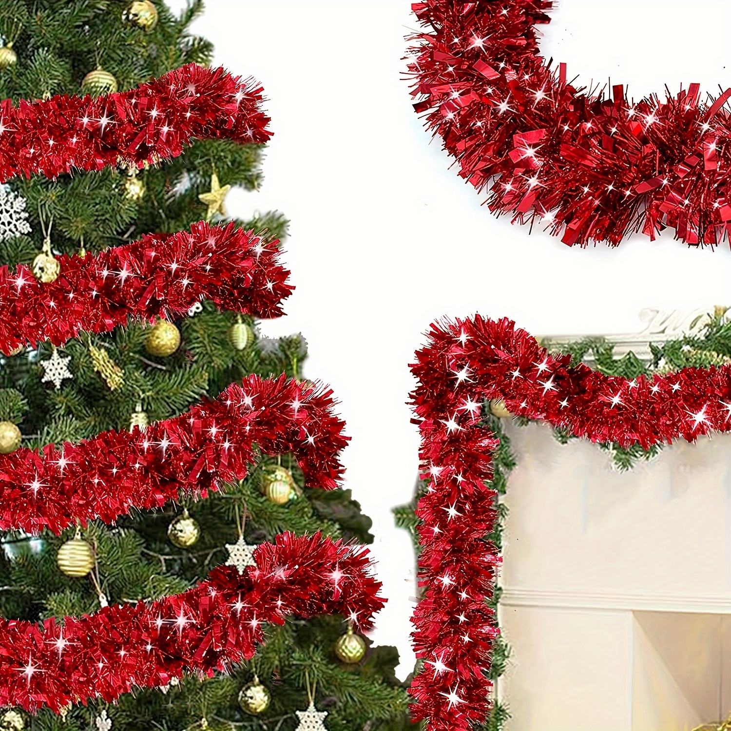 4 Pack Total 28 Feet Metal Garland Christmas Tree Ornaments, Thick Metal Ribbon Christmas Garland Holiday Christmas Decorations Home Indoor Outdoor Party Supplies