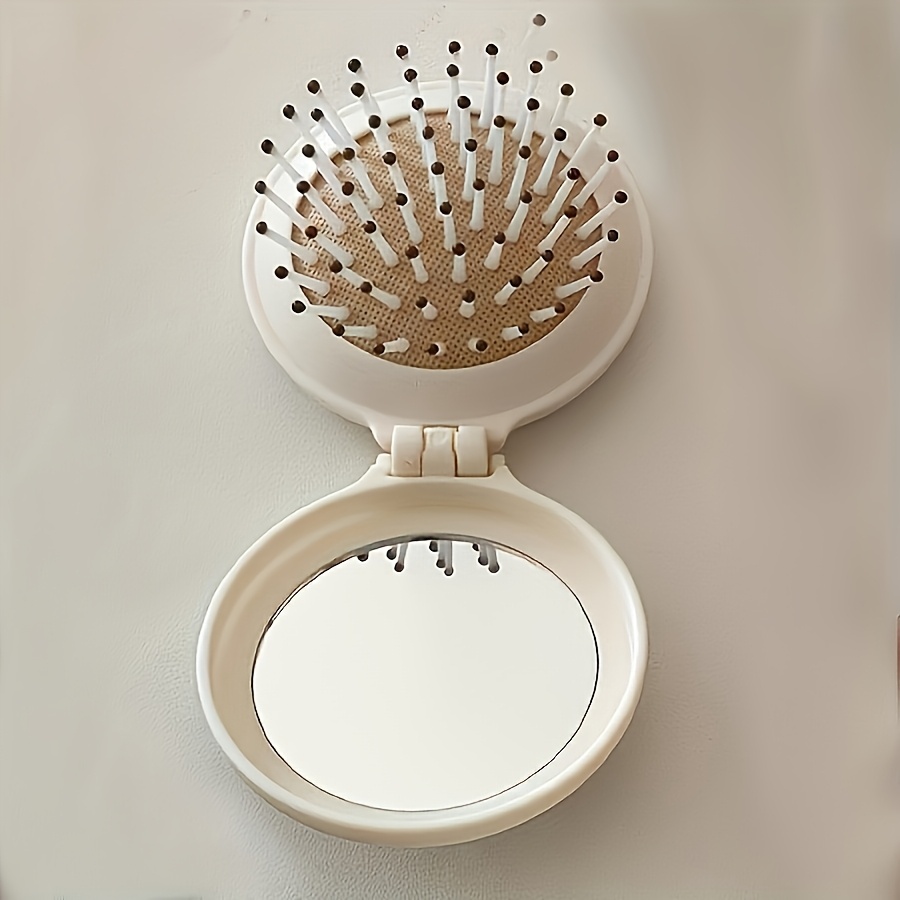 TEMU 1pc Portable Folding Hair Brush With Integrated Mirror, Scalp Massage Comb, Air Cushion Pad, Travel-friendly, Plastic Bristles For Dry Hair, Abs Plastic Handle