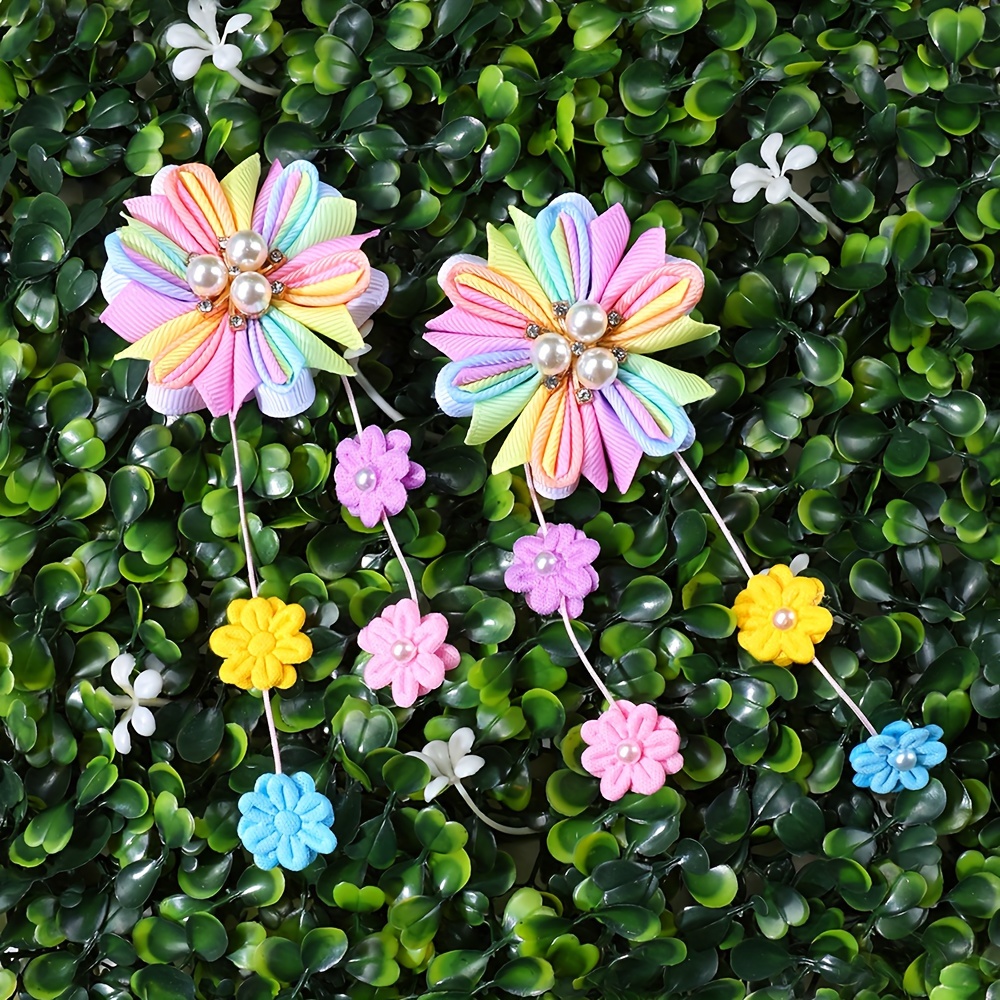 Image of Set Of 2 Adorable Hair Clips For Girls Featuring Colorful Flower Designs And Mini Tassels, Embellished With Faux Pearls, Perfect For Parties, Holidays, And Gifting