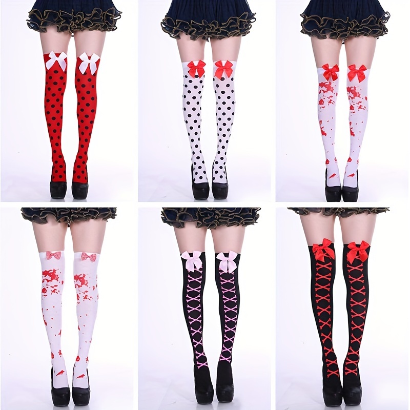 

Bow Decor Printed Thigh High Stockings, Cosplay Gothic Style Over The Knee Socks, Women's Stockings & Hosiery