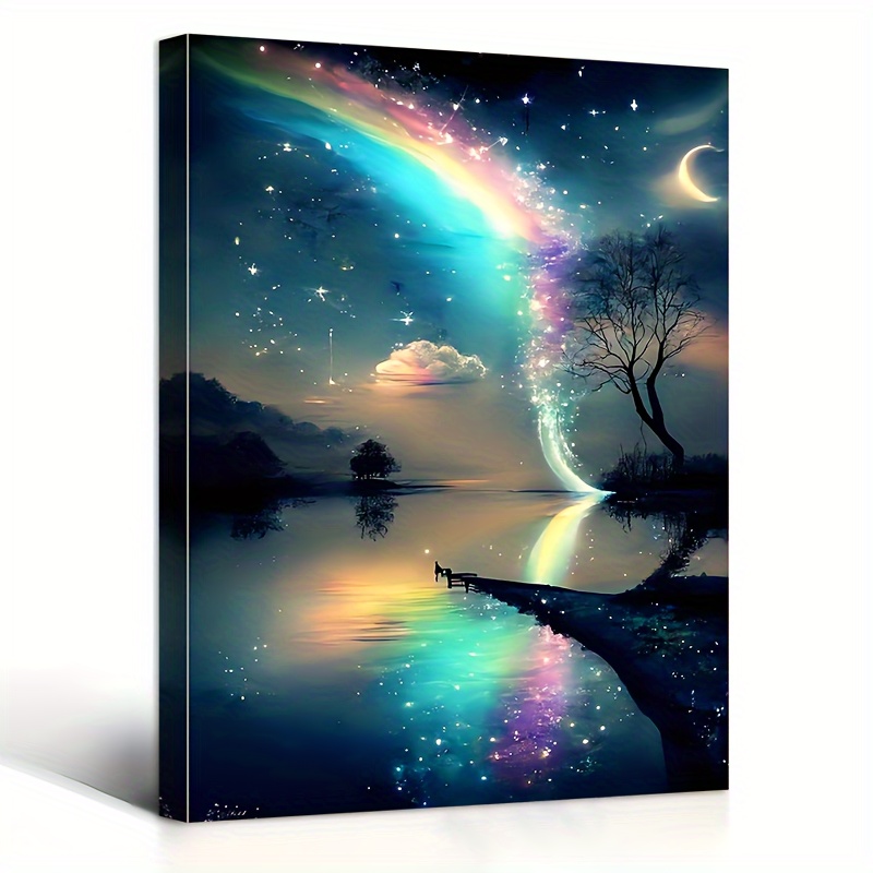 

Rainbow Tree Of Life Canvas Art - Aurora Stars Oil Painting, Wood Framed Wall Decor For Living Room & Bedroom, 11.8x15.7 Inches