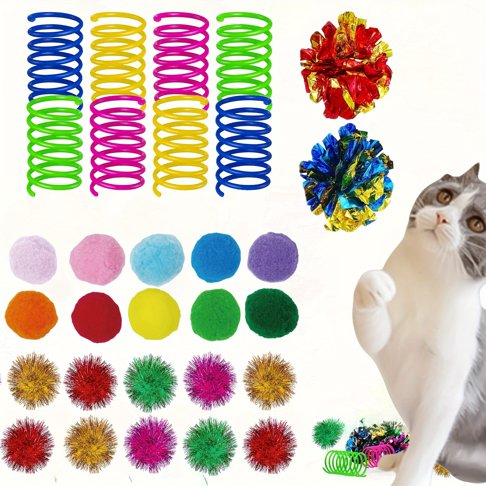 

30pcs Interactive Cat Toy Set - , Pom , Crinkle , Plastic Springs - & For Small Breeds - Batteries