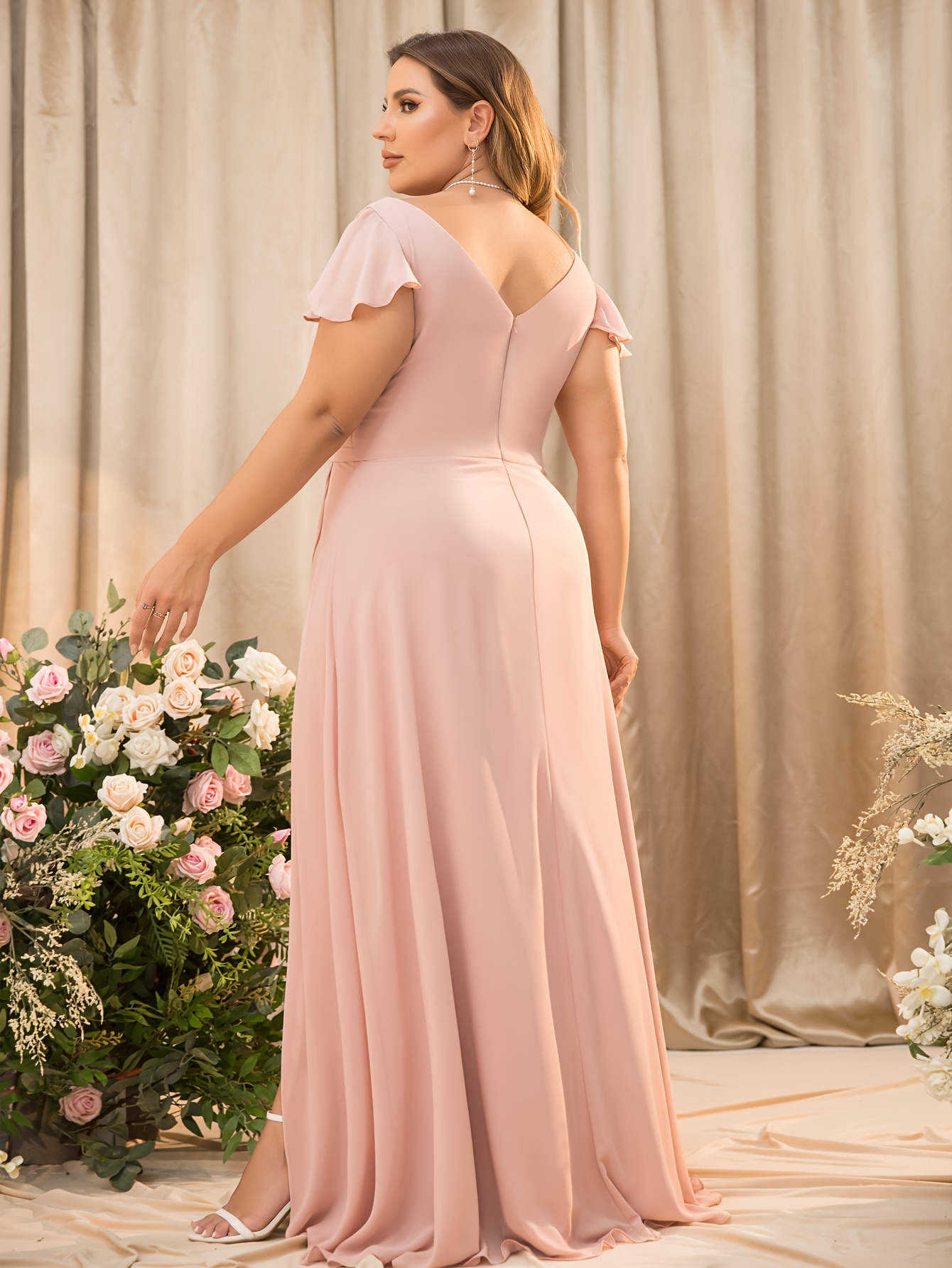 Plus Size - Plus Size - Plus Size Women'S Bridesmaid Gown * Sleeve Evening  Dress, Formal Dress, Side Slit Long Skirt, Flowy Chiffon