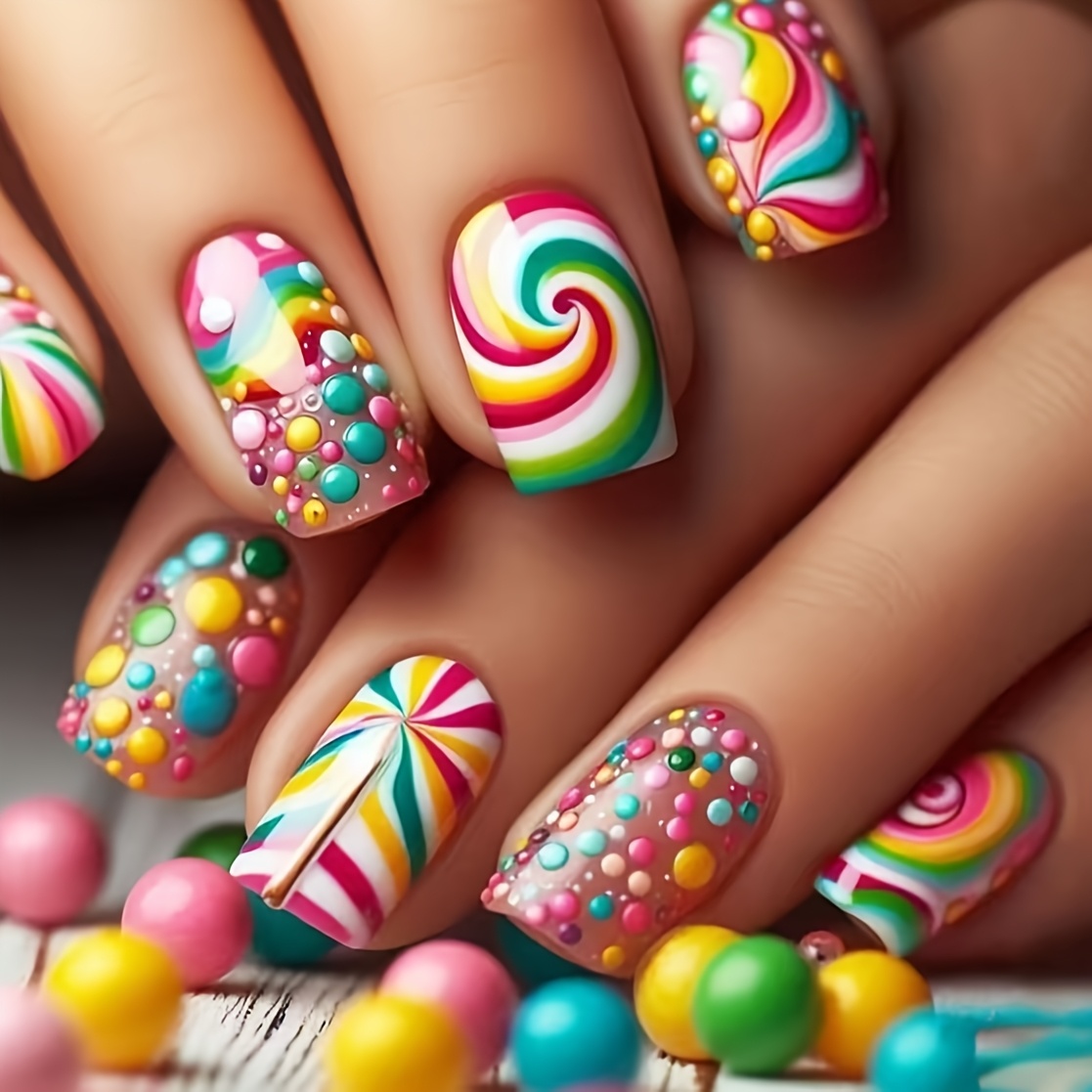 Image of 24pcs Candy-inspired Press-on Nails – Sweet Lollipop Design With Colorful Sprinkles, Short Square Shape, Glossy Finish, Parties And , Charms