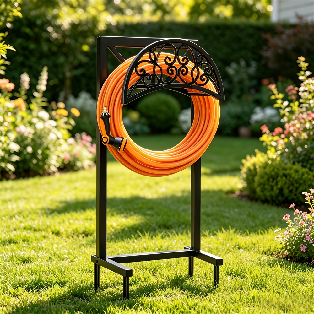TEMU Heavy-duty Metal Garden Hose Holder, Outdoor Freestanding Hose Rack Hose Not Included With Gloves, Rust-resistant Design With Spikes For