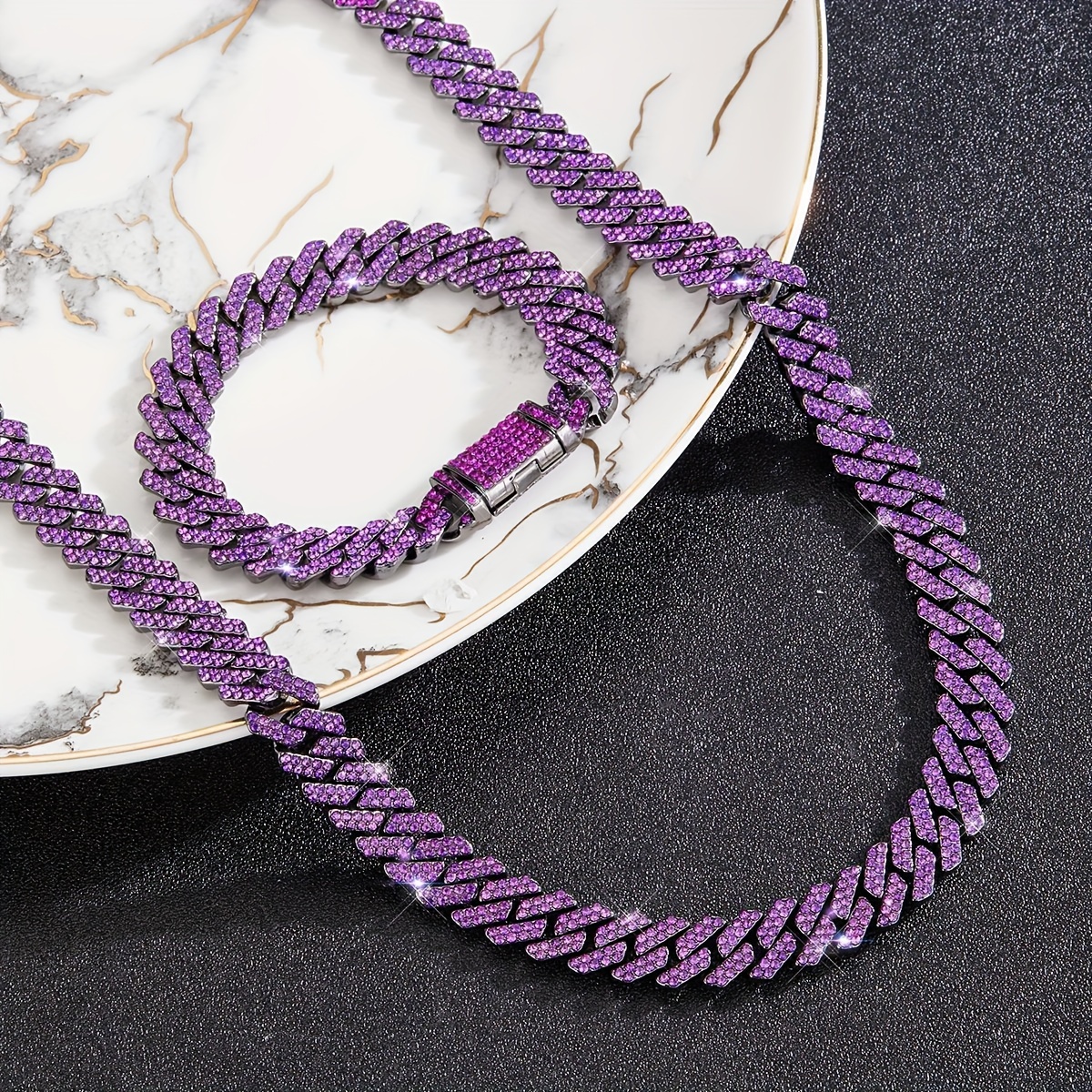 

2pcs Cuban Chain Necklace Alloy Purple Hip-hop Bracelet & Necklace, Same Style For Both Men And Women, Holiday Gifts, Parties, Fashionable Outdoor Wear, Giving Gifts For Both Men And Women