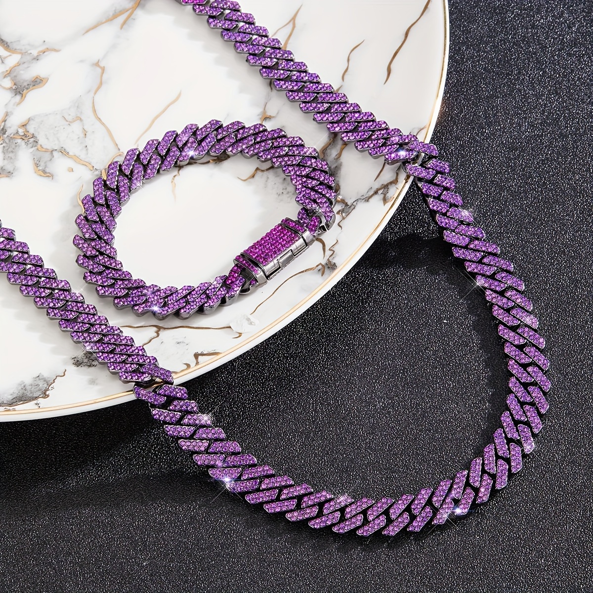 

2pcs, New Cuban Chain Necklace Alloy, Purple Hip-hop Bracelet, Men's Rap Cool Necklace. Unisex, Thanksgiving, Christmas, New Year Gifts, Parties, Fashionable Outfits For