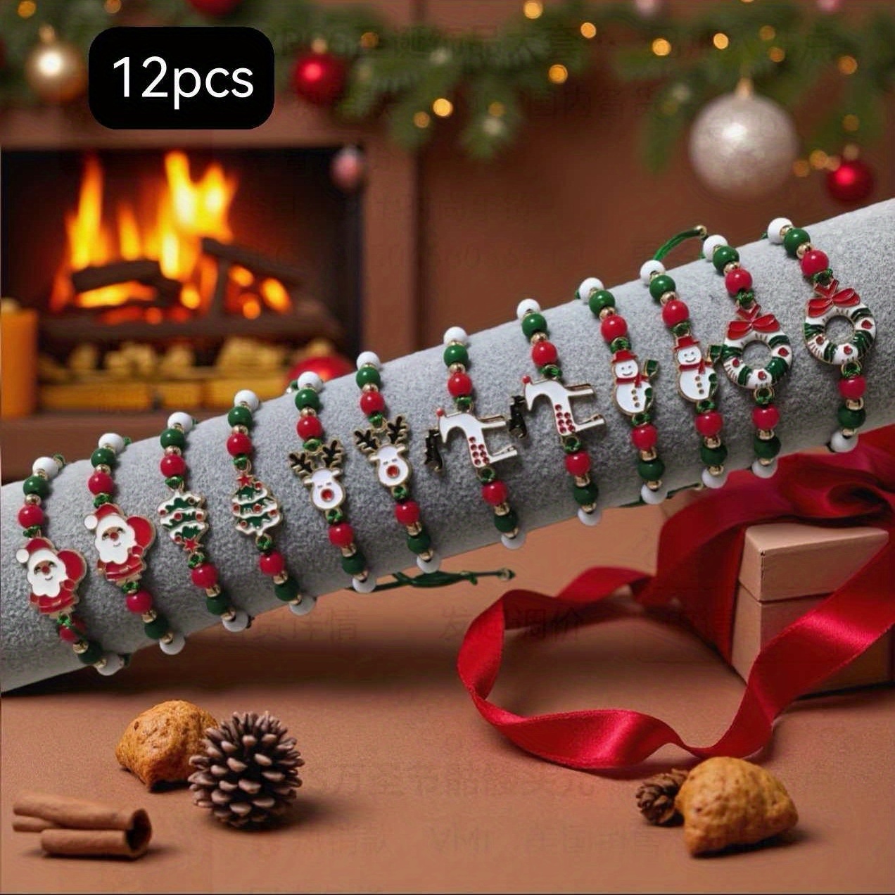 TEMU 12 Piezas de Conjunto de Adornos Navideños, Pulseras Tejidas para Mujeres y , Regalos de Intercambio para Fiestas Navideñas, Rellenos para