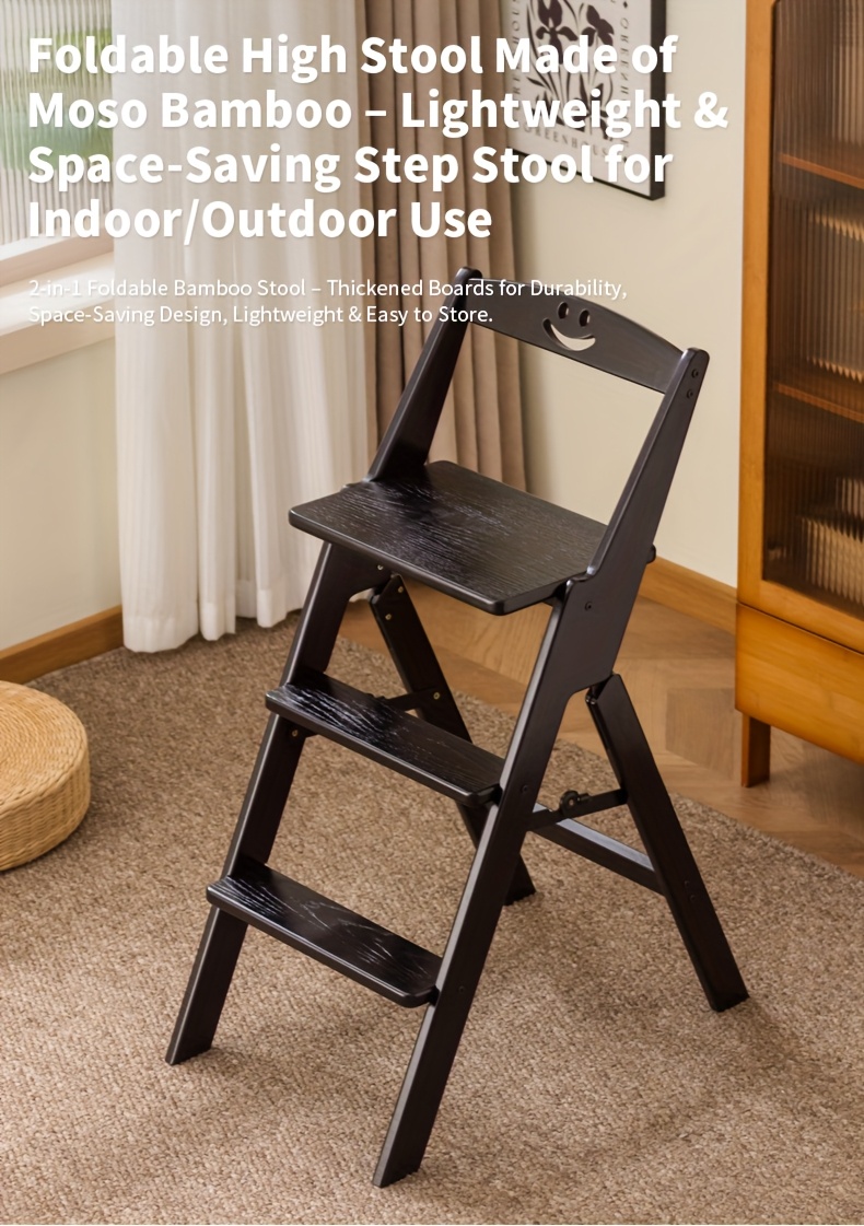 1pc Black All-Bamboo Bar Stool, Bar Counter Dining High Stool with Backrest, Folding Chair, No Assembly Required, Patio Outdoor Garden Step Stool, Household Three-Step Step Stool, Climbing Ladder, Suitable for Garden/Office/Library/Kitchen/Cafe