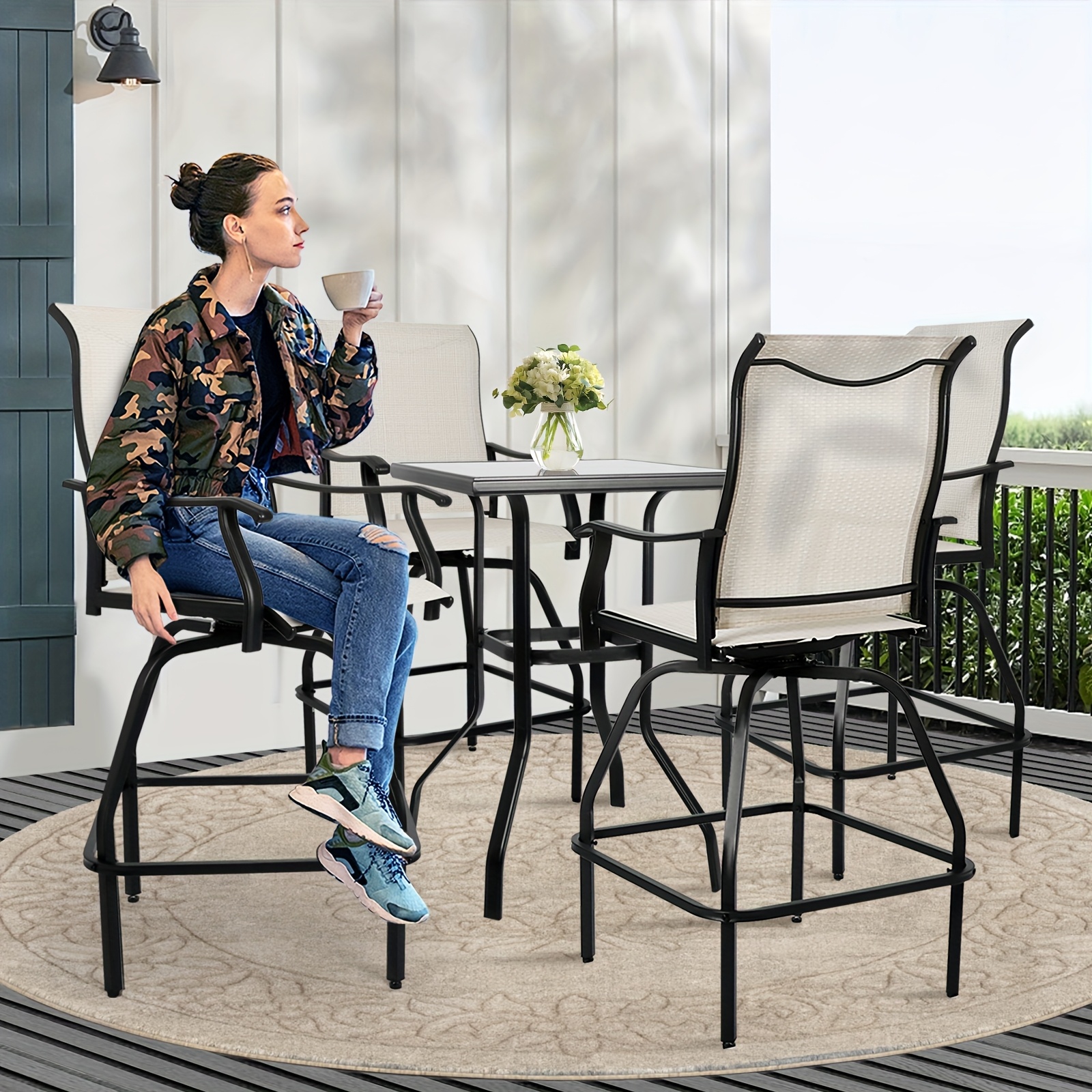 2/3/5pcs Patio Bar Set, 360° Swivel Bar Stools, Outdoor Bistro Furniture with High-Density Textilene Fabric & Heavy Duty Metal Frame, High Top Table And Chair Set for Balcony, Poolside, Garden & Backyard