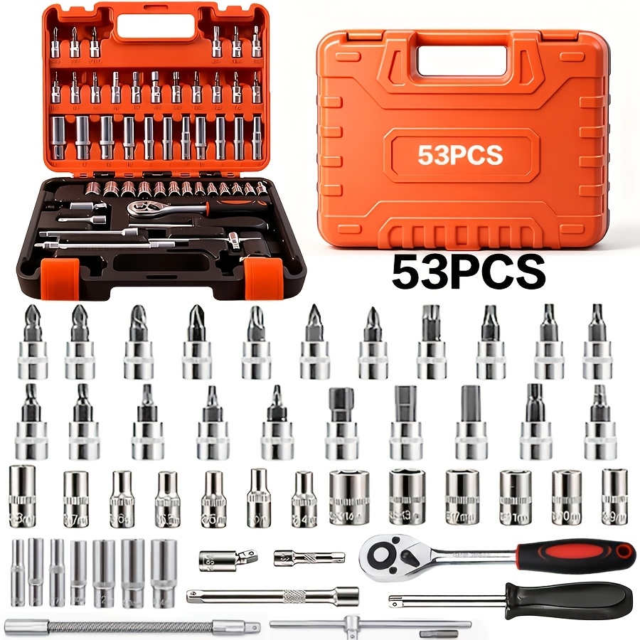 TEMU Jeu robuste de 53/216 pièces avec cliquet, tiges d'extension et articulations - Kit à entraînement à 6 pans réglable adapté à la réparation