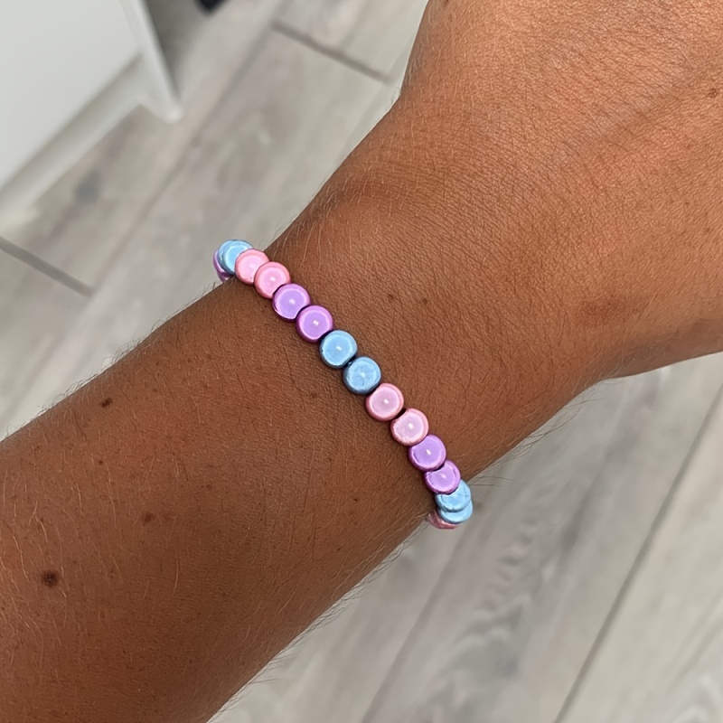 

Reflective Bead Stretch Bracelet – Handmade Acrylic Beads In Pastel Shades (pink, Blue, Purple) – Simple & Design For Casual Attire Or Vacation, Beads For Bracelets