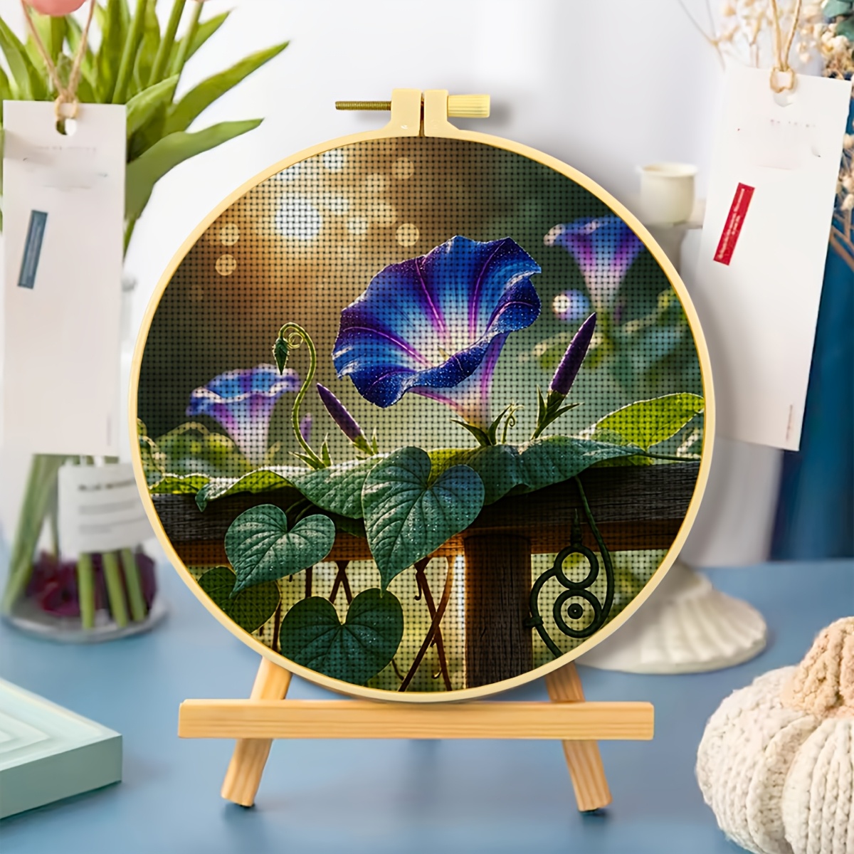Round DIY Cross-Stitch Printed Kit with Hoop, Floral Design