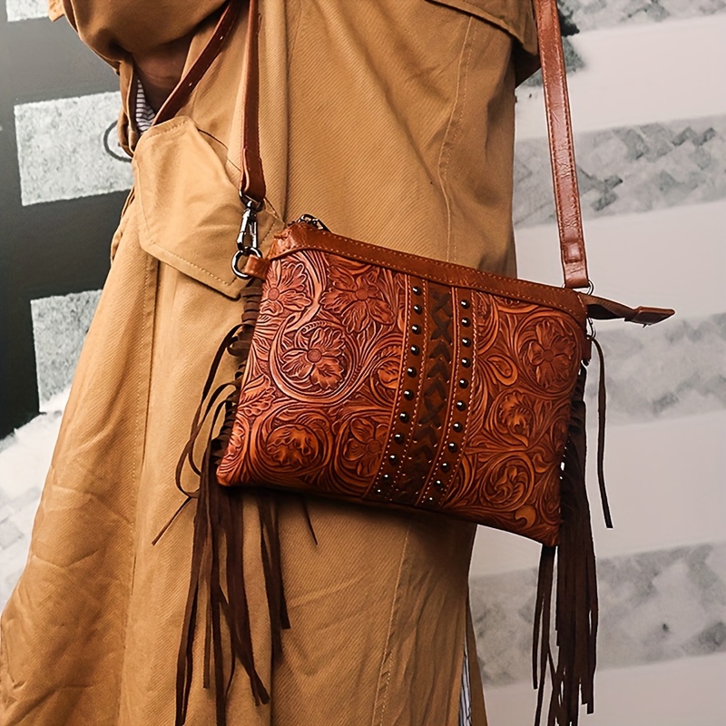 

Bohemian Embossed Tassel Crossbody Bag, Vintage Floral Engraved Pu Leather Bag With Rivet Accents For Daily Outfits