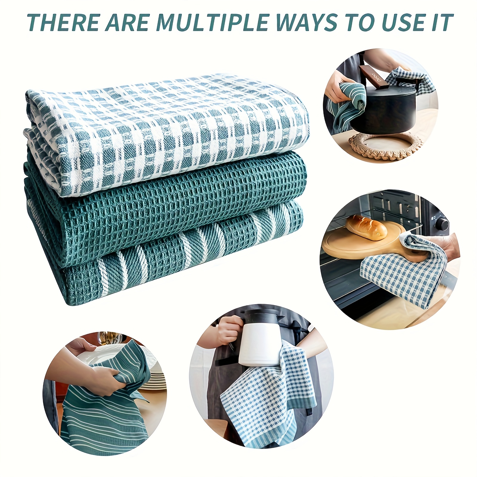 6pcs Soft & Absorbent Kitchen Towel Set - Large, Durable Waffle Weave Dish Cloths in Solid, Plaid & Striped Patterns for Easy Cleaning & Drying - Ideal for Cooking, Baking & Tea Time