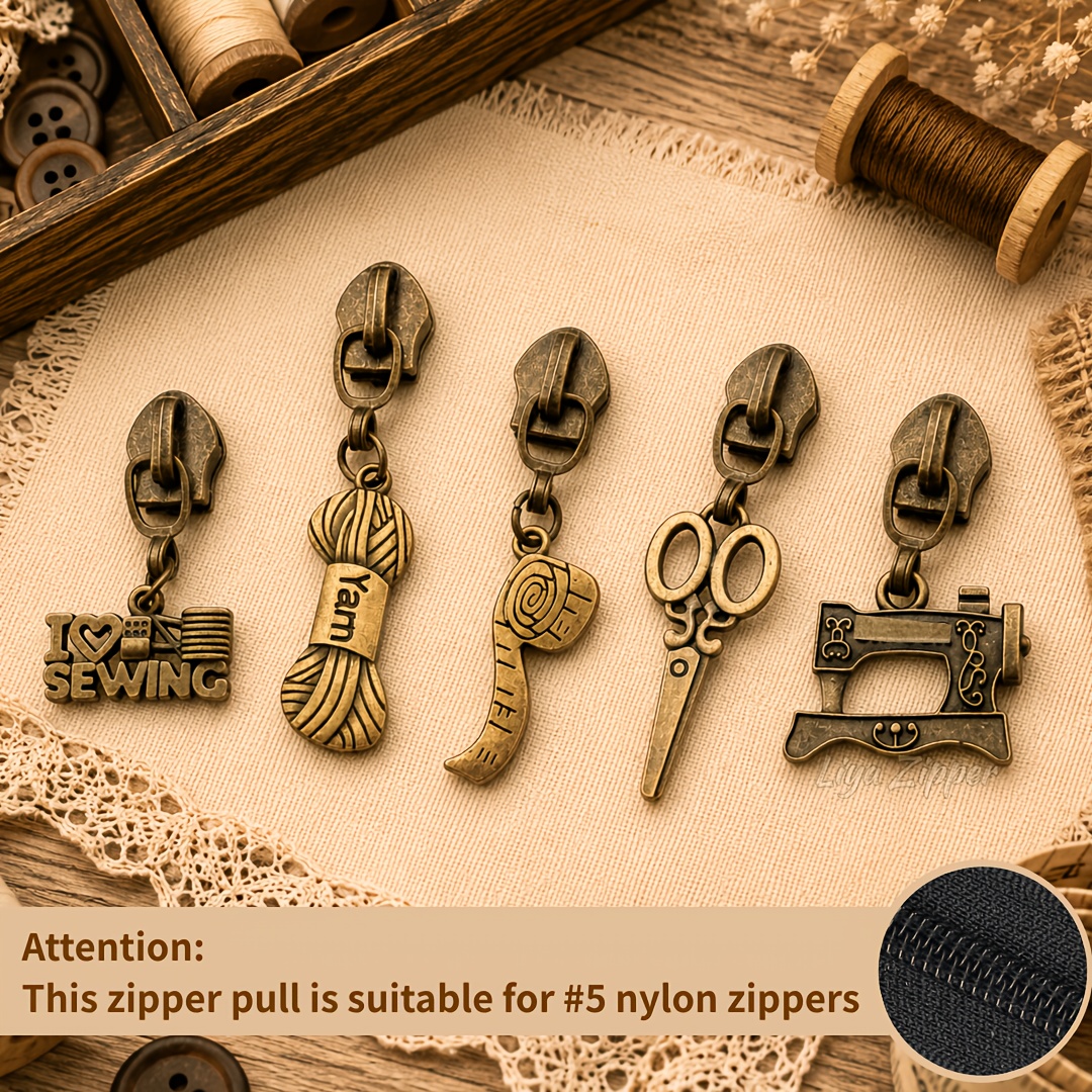 TEMU Retro Sewing Series Zipper Heads, 5pcs Assorted Styles Of Zipper Pulls – Sewing Machine, Scissors, Thread Spool, Buttons, Hangers, Etc.,