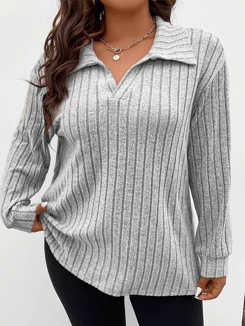 plus size wholesale women fashion solid color rib lapel long sleeve plus size top
