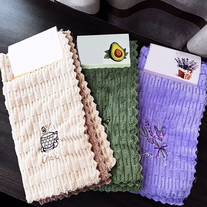 set of embroidered dish cloths quick drying cleaning rags thickened and enlarged kitchen towels soft and breathable suitable for bathroom towels car polishing pads and washing glass reusable square towels assorted styles Product details 5