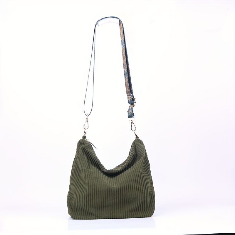 

Women's Casual Corduroy Shoulder Bag, Solid Olive Green, Washable, Foldable, Detachable Strap, Zipper Closure, Polyester , No Print, No Embroidery, Fashion Handbag For Ladies