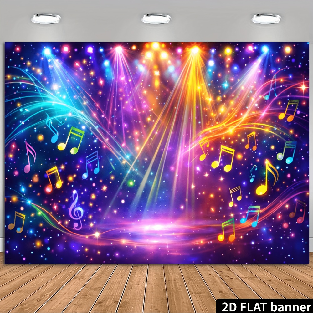 TEMU 2d Flat, 2d Music-themed Party Background Cloth Suitable For Indoor/outdoor - Laser Beams, Treble Clef & Starry Sky Glitter Wall Decor With