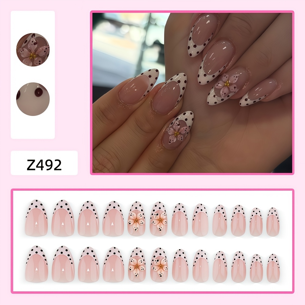 TEMU Upgrade Your Look: 24pcs Medium-sized Almond-shaped Wearable Armor, White- Polka Dot Gradient Glue Cherry Wearable Armor, Nude And Gentle Pure