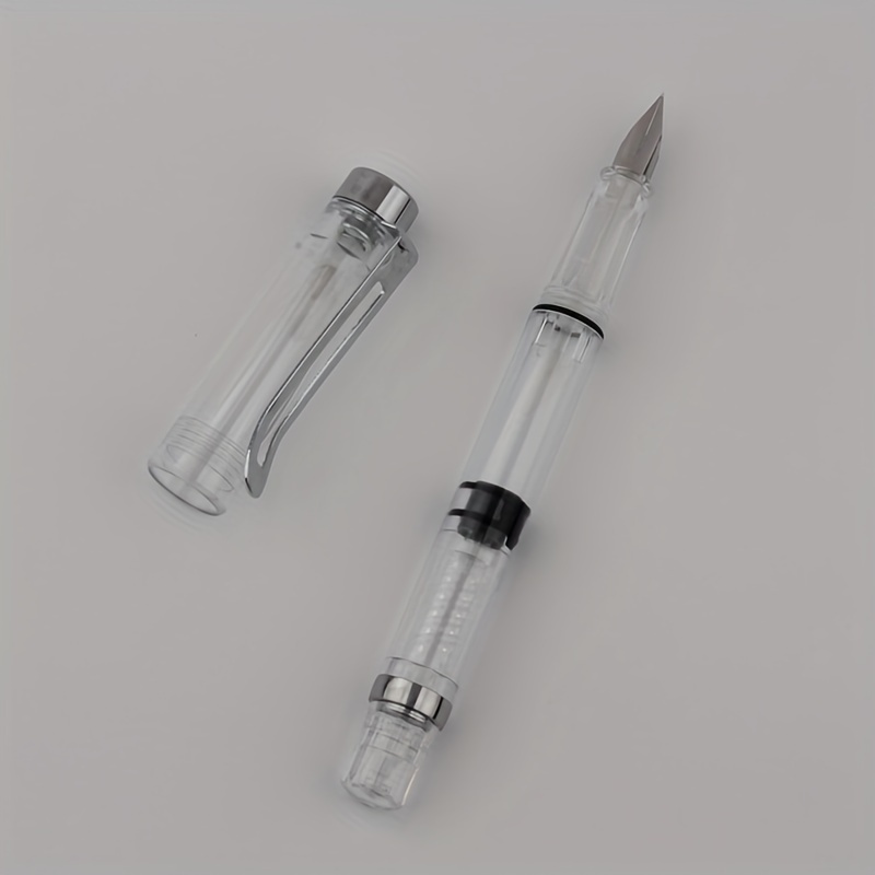 

1pc Transparent High-capacity Barrel Fountain Pen With Level, Plastic, Medium Point, Screw-off Cap