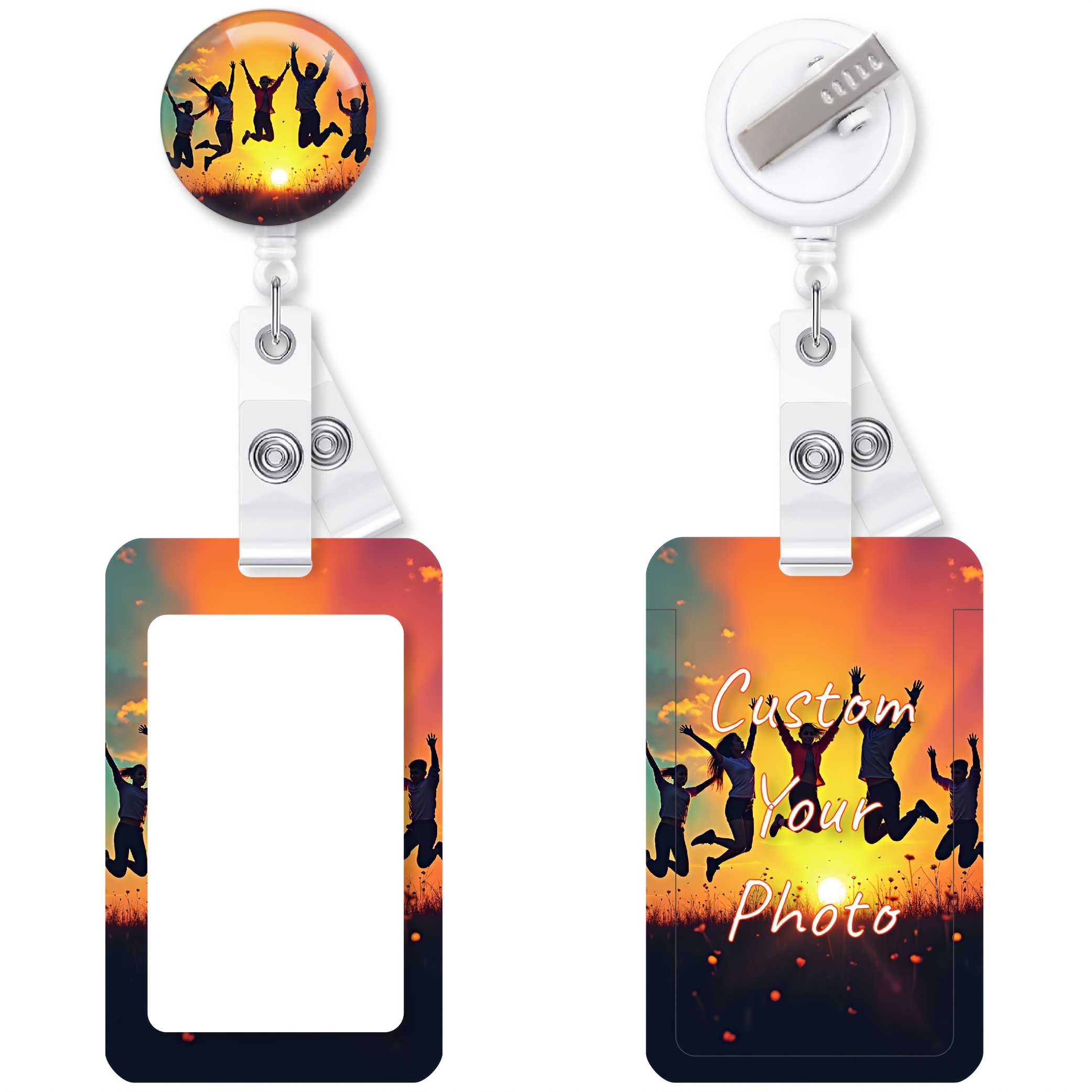 TEMU 2d 2 Pvc Custom Photo Expandable Badge Roll Id Card Holders, Personalized Sunset Jumping Pattern Name Tag Holders, Customizable Picture
