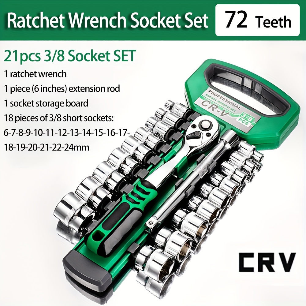 

Ratchet Socket Wrench Set 3/8 Inch Drive, Mechanic Tool Kit With 6mm-24mm Metric Sockets, Release Ratchet Handle And Extension Bar, Plastic Rack 21-pieces, 72 Teeth Ratchet Wrench