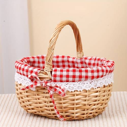 t picnic bag with linen lining red white checkered design wooden handles and ribbon accent ideal for storage or gift use picnic