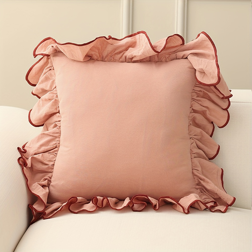 1pc French Style Pink Scalloped Pillowcase - Lace Trim Zipper Closure Cushion Cover, Machine Washable Solid Color Sofa Bed Decor Suitable For Living Room, Bedroom, Valentine's Day Gift