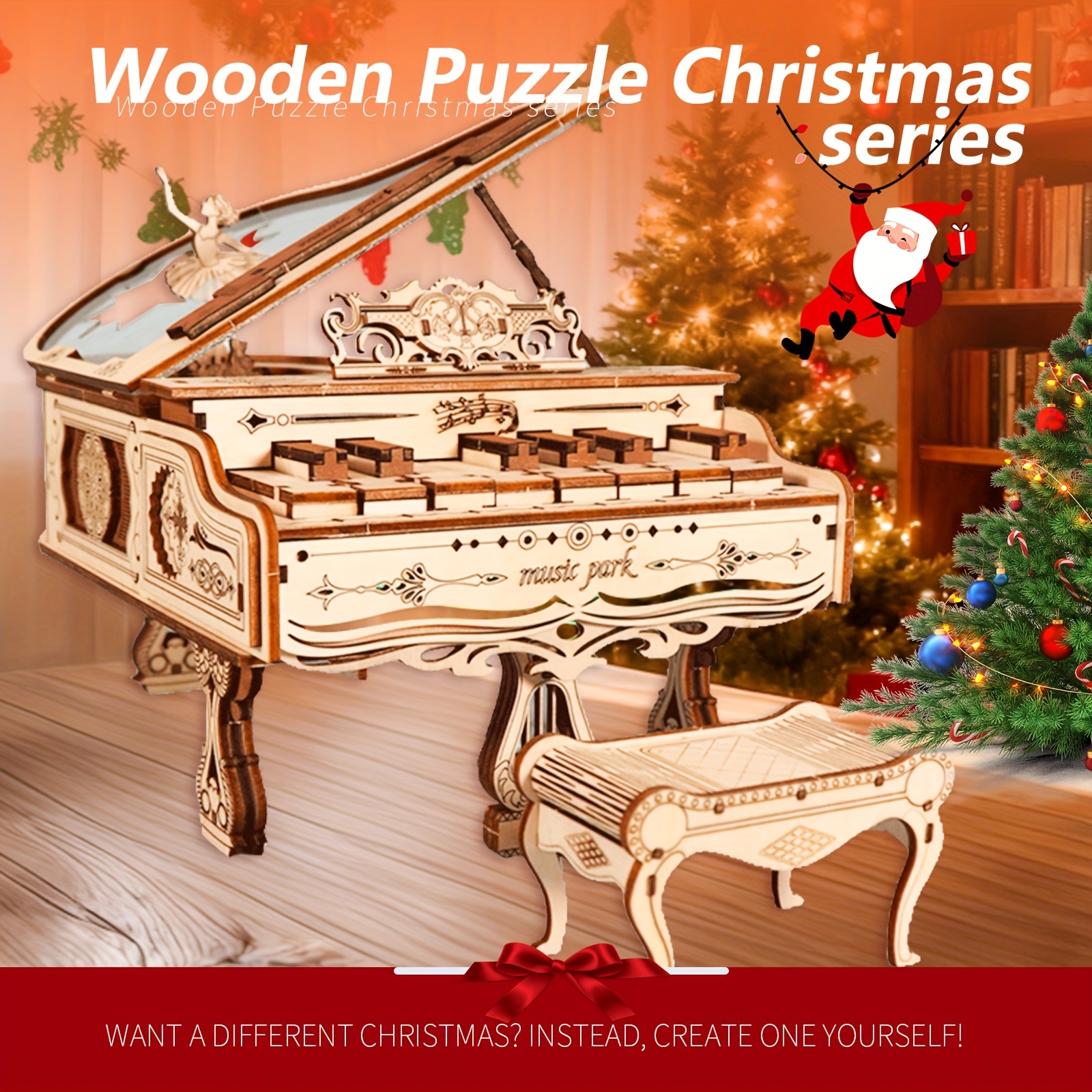 Image of 3d Wooden Puzzles Model Kits To Build Piano Music Box With Lights Gifts For Christmas