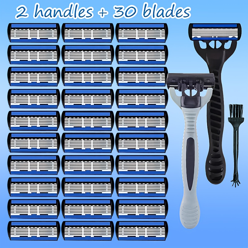 E-shop 1 Set inklusive 2 Griffe + 30 Ersatzklingen, 6-schichtiger Rasierer für Männer, sicheres Rasieren mit waschbarem wiederverwendbarem Design.