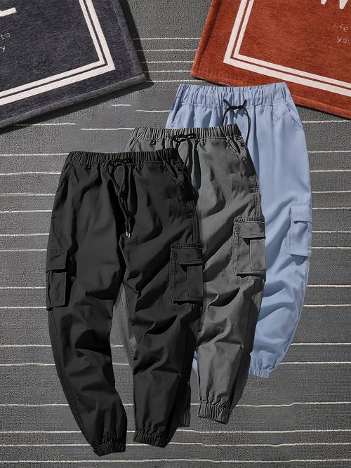 mens solid colour multi pocket flap casual cargo pants 3 pc