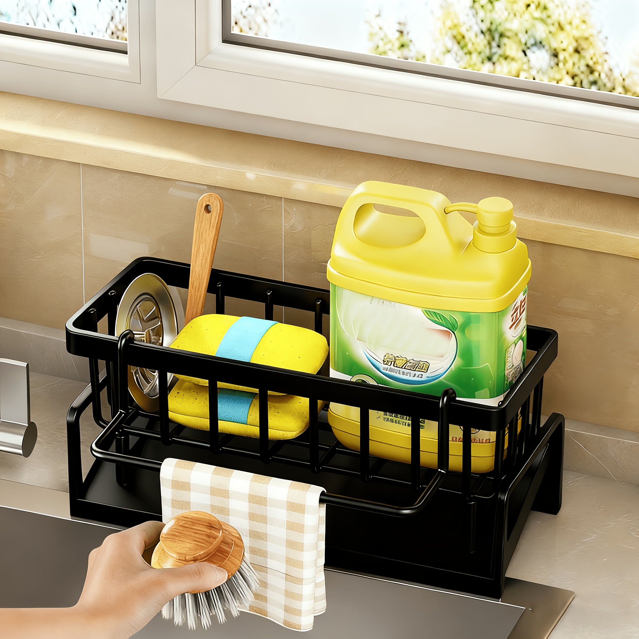 TEMU Multi-functional Kitchen Faucet Side Organizer With Towel Rack - Sponge And Dishcloth Storage, Dish Soap Dispenser, And Drain Tray. Kitchen Sink