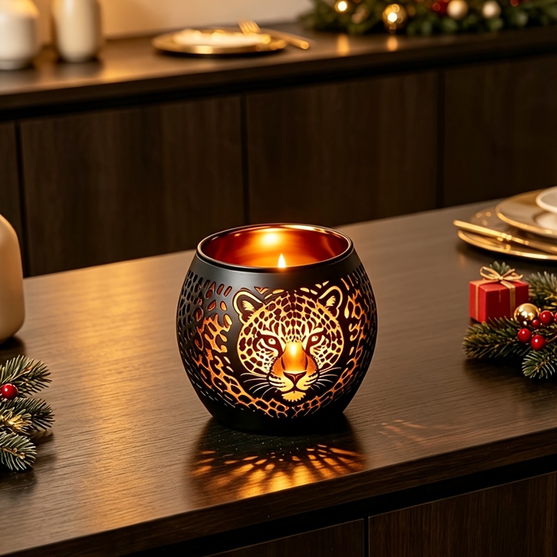 TEMU Vintage vergoldeter Kerzenhalter aus Glas mit Leopardenmuster – Europäische Tischskulptur mit geschnitzter Leoparden-Textur & geeignet für