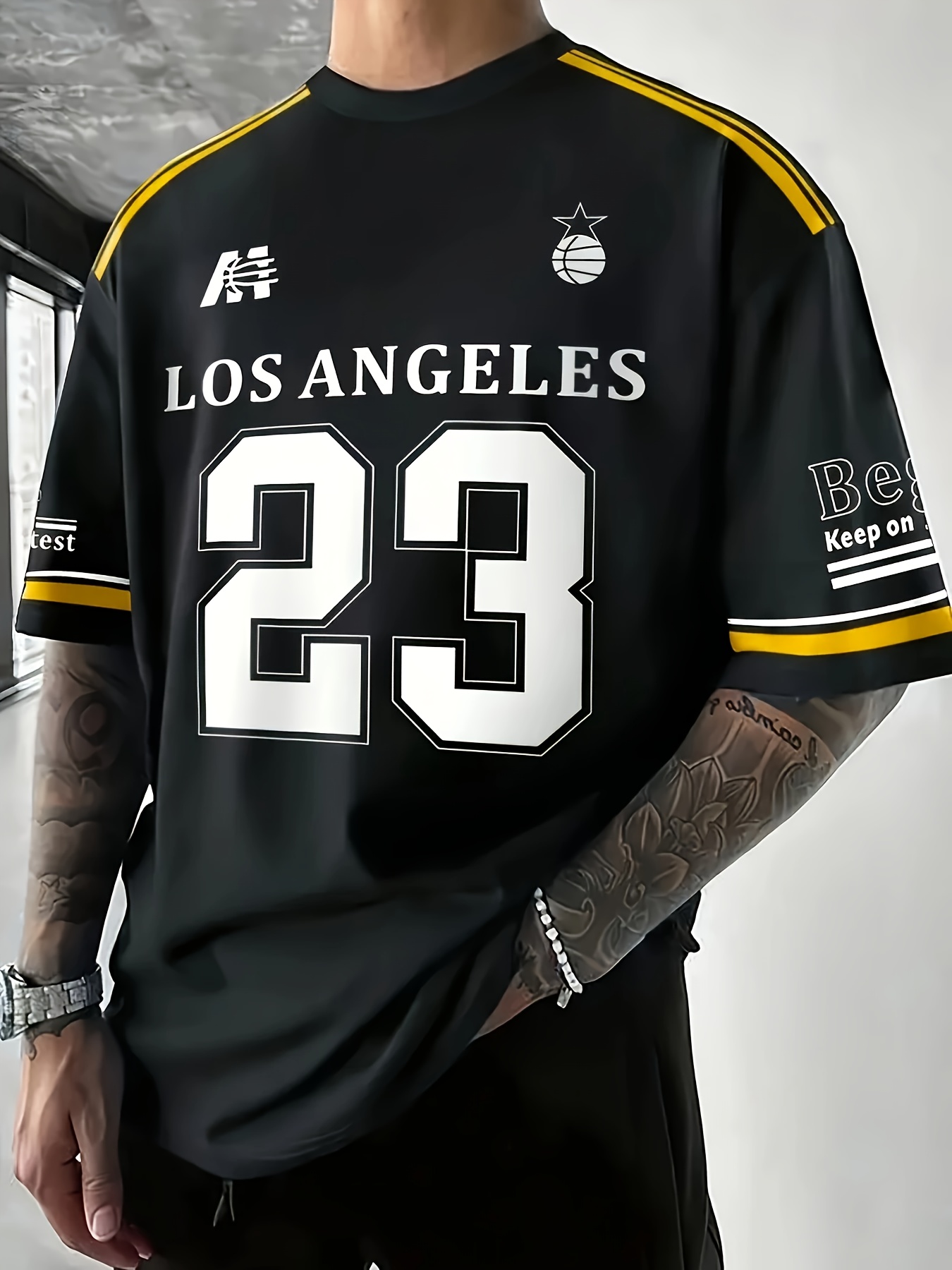 Plus Size Men's 23 Print Stripes Short Sleeve T-shirt, Casual Round Neck Breathable Quick Drying Clothes, PLUS SIZE