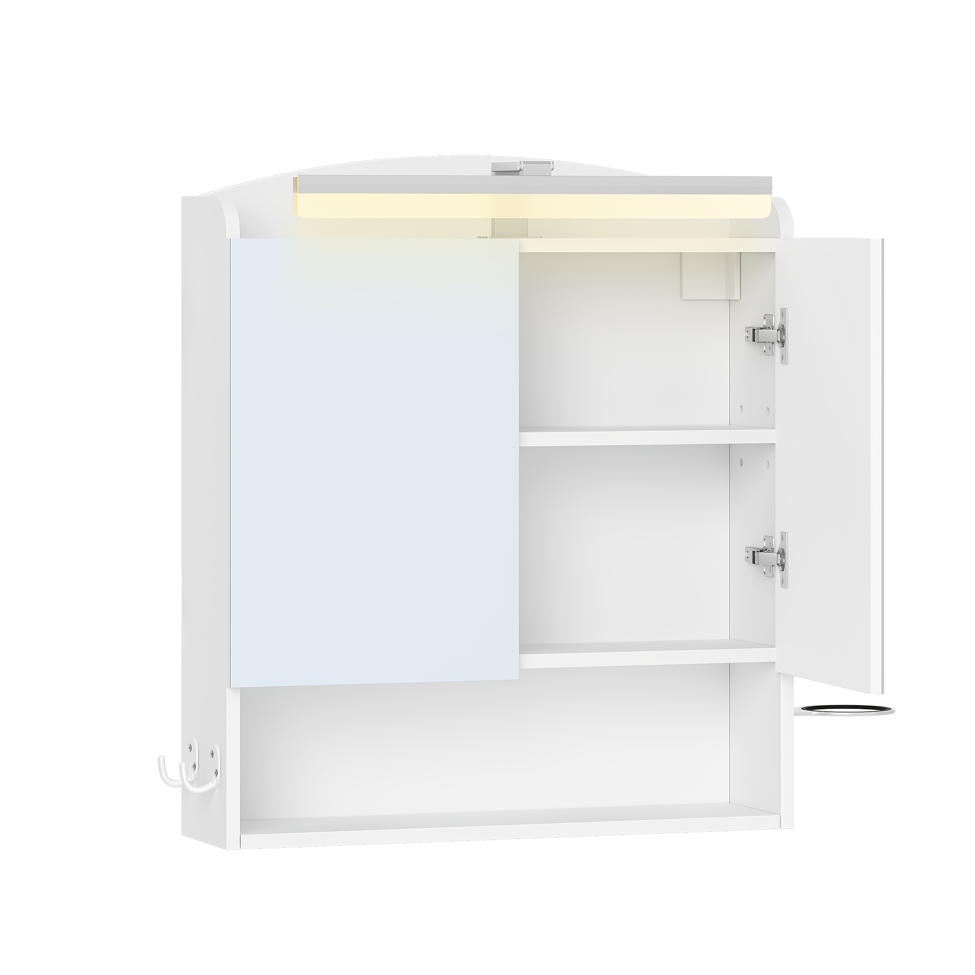 Bathroom Mirror Cabinet With Lighting, Bathroom Cabinet With Mirror, Wall Cabinet, Hairdryer Holder And Hooks, With Plug, Adjustable Shelves, White, 16.5 X 60 X 68.5 Cm
