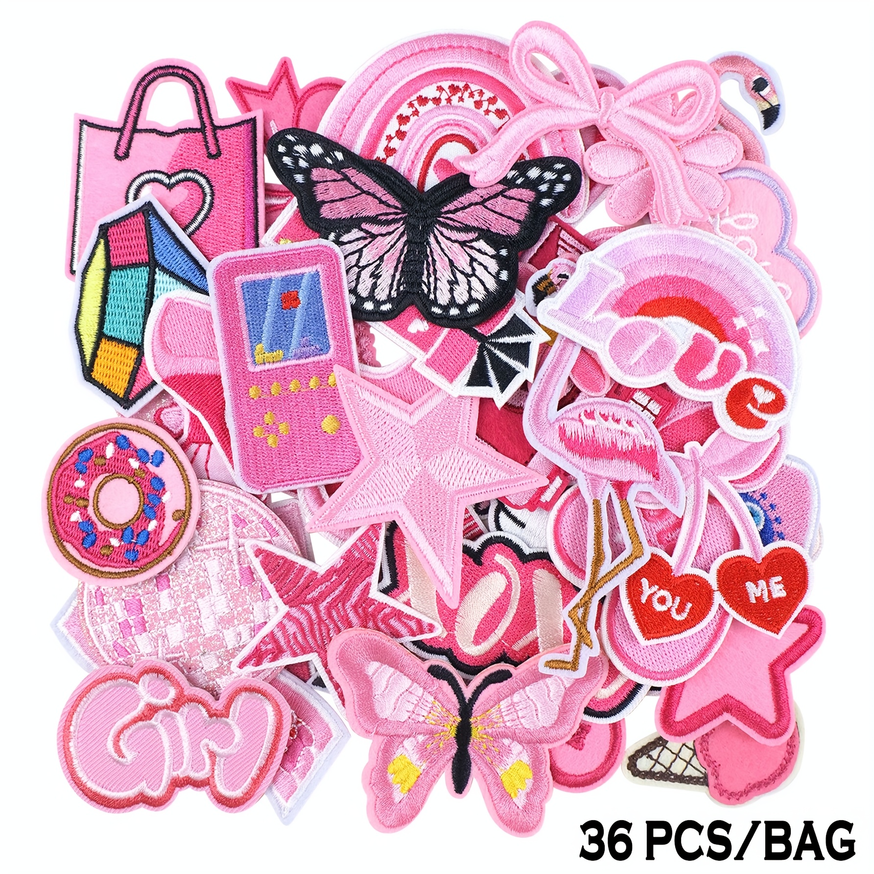 Image of 36pcs Pink Set For Shirts, Jackets, Backpacks, Hats, Jeans, Strawberry-themed Items, Fabric Decoration, High-quality Sewing Craft Enthusiasts