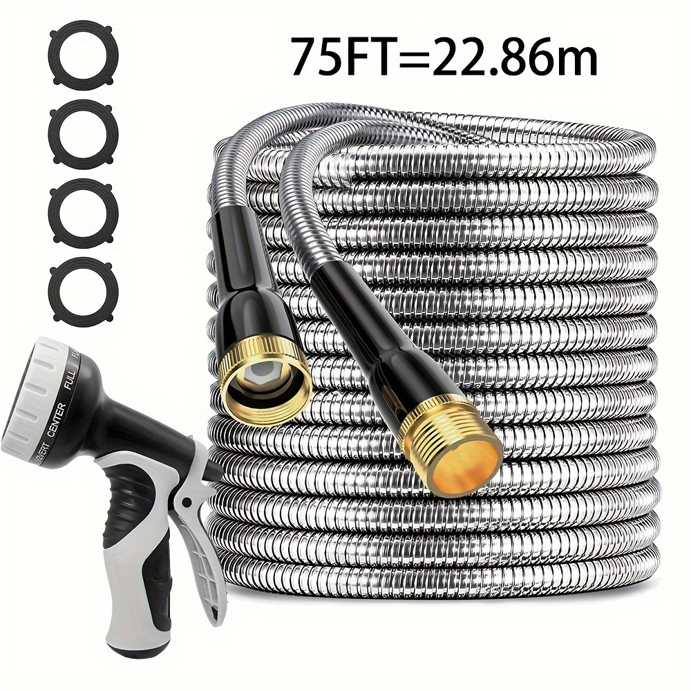 

Stainless Steel Garden Hose 75ft, Metal Garden Hose With Nozzle, Leak Proof Water Hose, 3/4" Fittings Metal Hose For Yard, Flexible Garden Hose, Never Kink & , Heavy Duty Metal Water Hose.